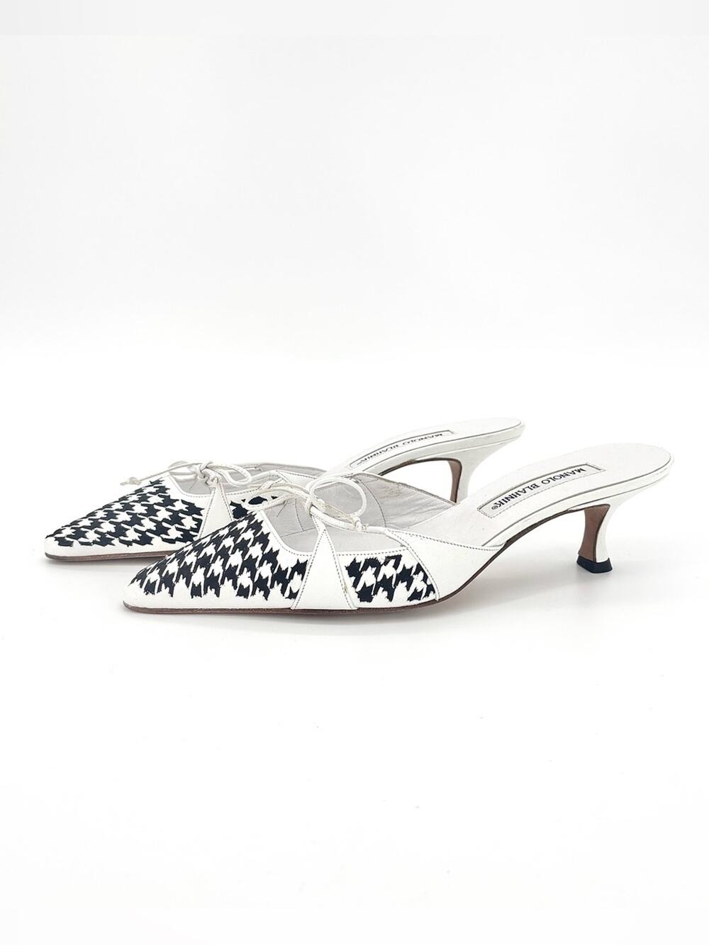 Manolo Blahnik Vintage Houndstooth Bow Pointed Toe Mules Sandals 38.5